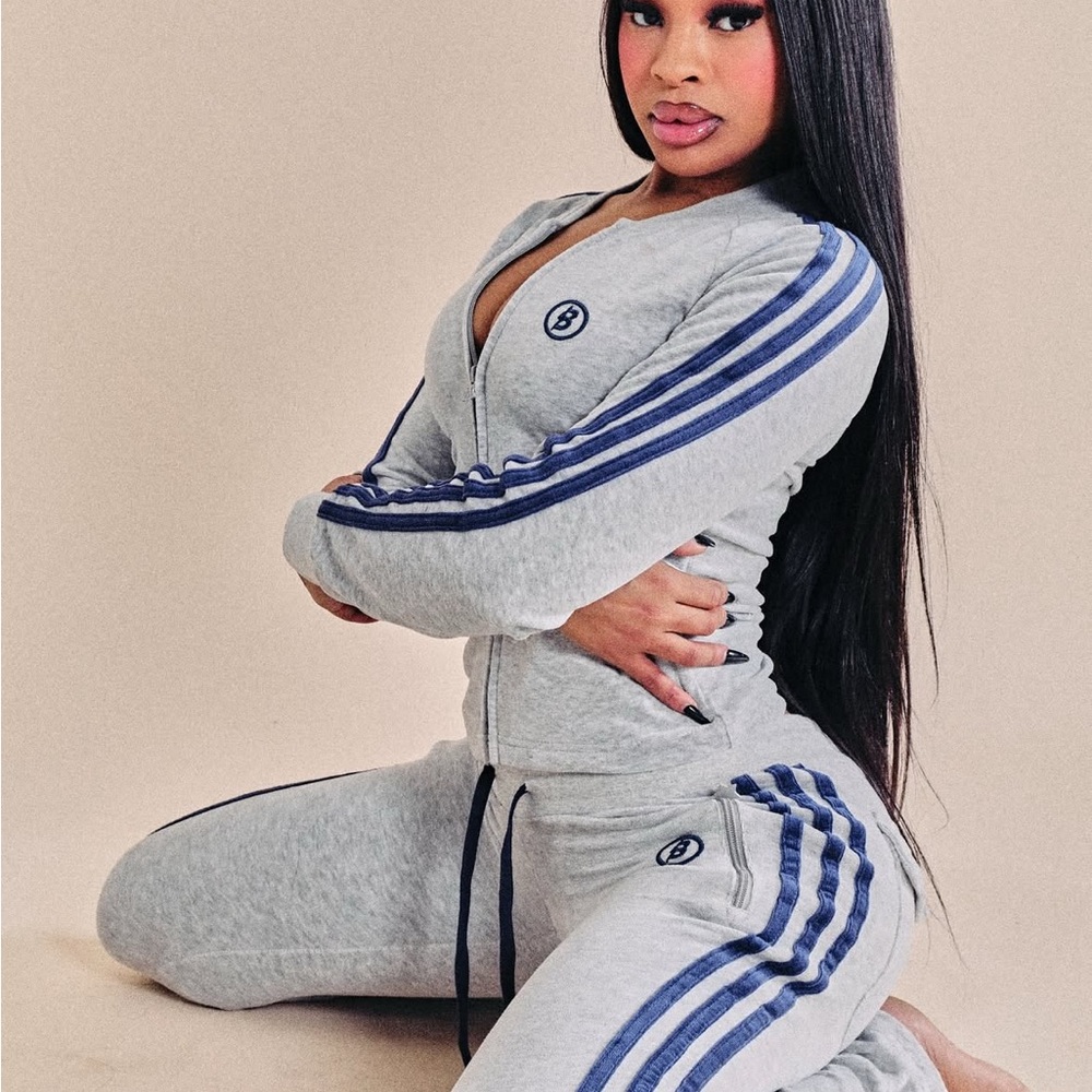 Gray and Blue Track Pants with Retro Stripes